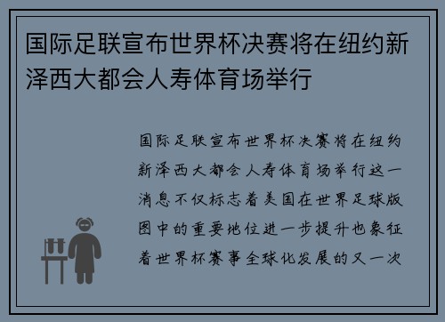 国际足联宣布世界杯决赛将在纽约新泽西大都会人寿体育场举行